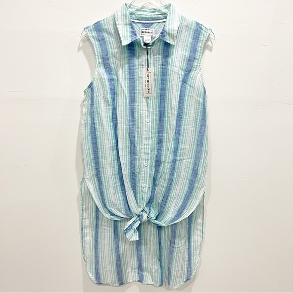 For The Republic Tie-Front Striple Sleeveless Shirt Tunic Size Large Cotton - Picture 1 of 9